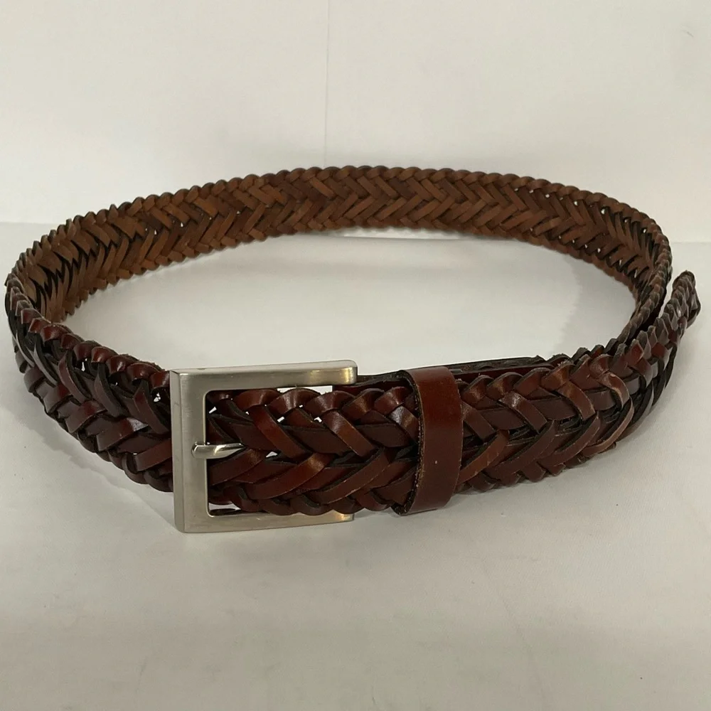 Men's Brown Genuine Leather Woven Belt Silver Buckle; Made in Guatemala; 46’L